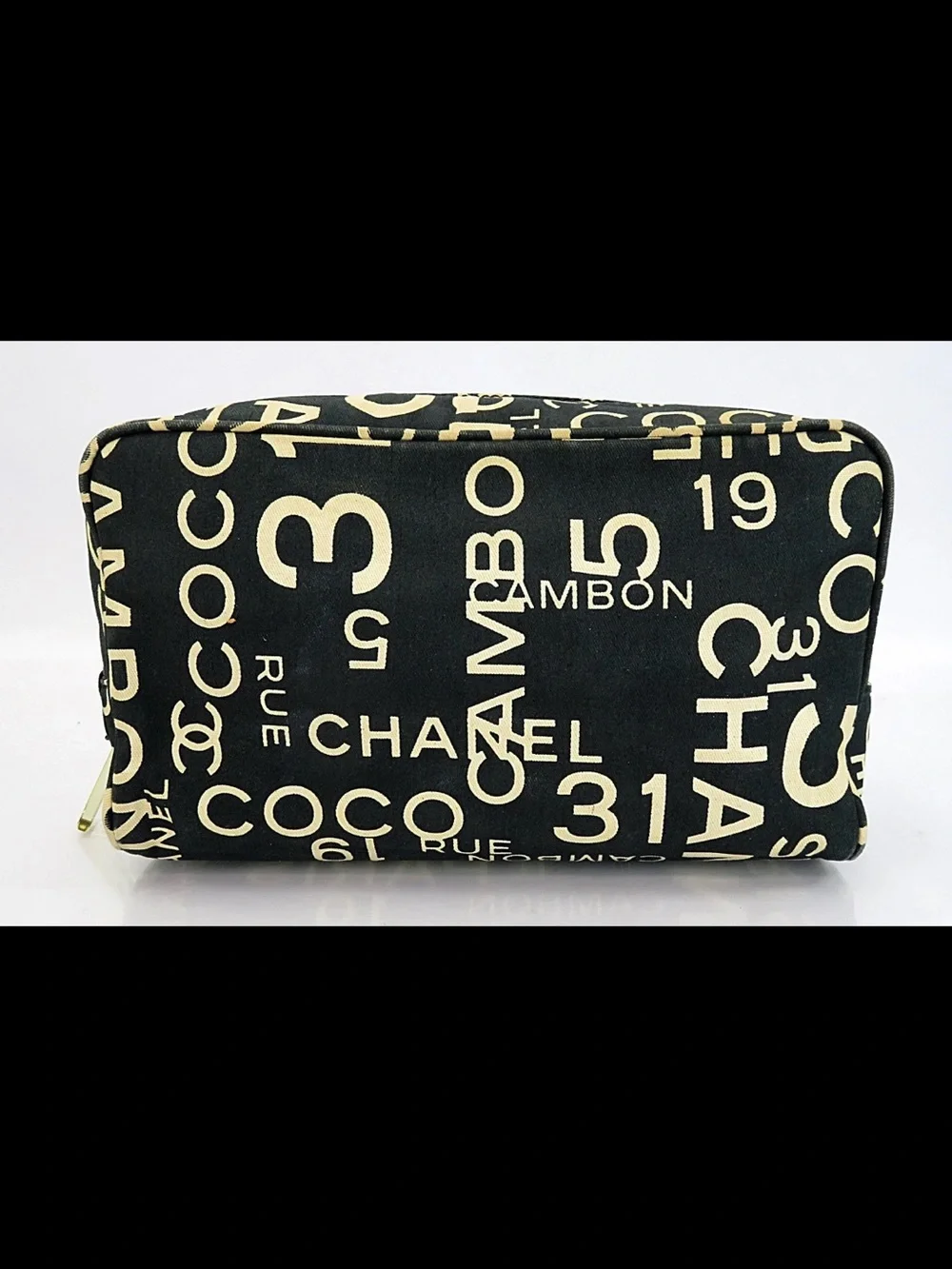 CHANEL Black Canvas Logo Print Cosmetic Pouch with Cream Lettering